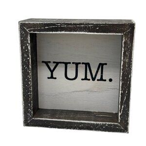 Rustic Yum Block Sign 5in Free Standing Distressed White Brown Kitchen Decor